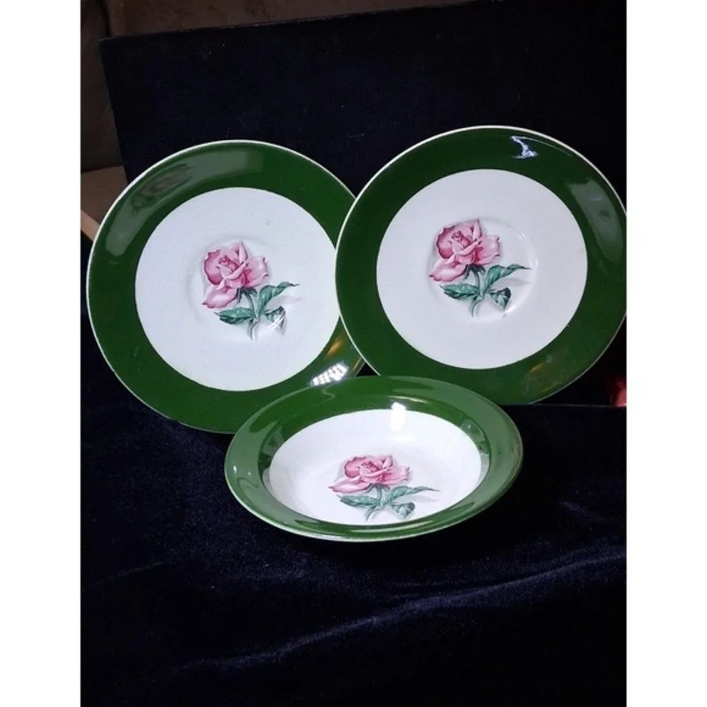 Vintage Taylor Smith Taylor Single Rose Pattern 2 Saucers, 1 Serving Dish.